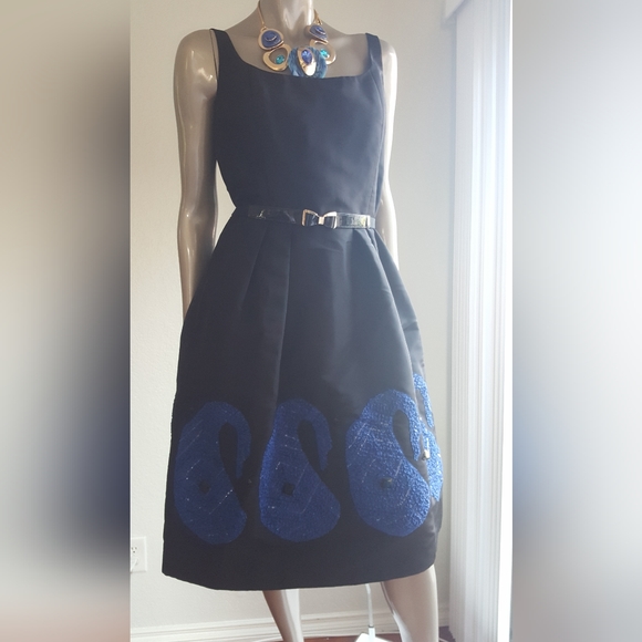 *$4,000 OSCAR DE LA RENTA GORGEOUS BLACK BLUE BEADED RUNWAY SILK DRESS US 0, M - Picture 3 of 13